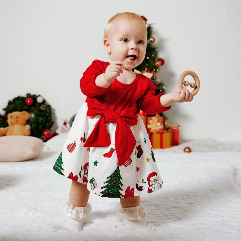 Christmas Baby Long - sleeve Bow Dress - Baby Bubble Store