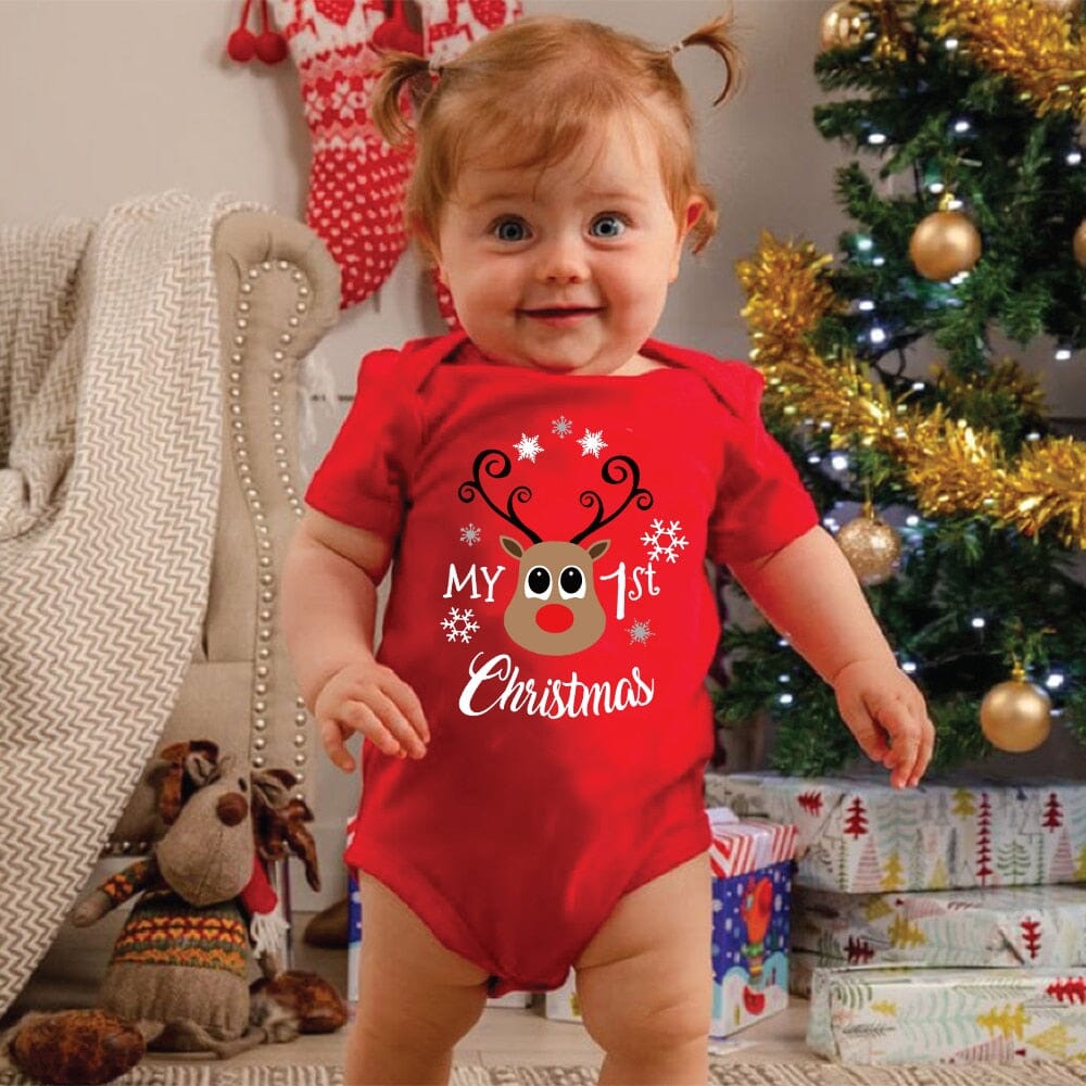 Christmas Deer Tree Print Baby Red Romper - Baby Bubble Store