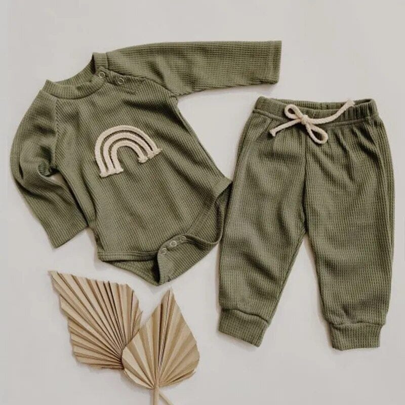 2023 Spring Infant Newborn Baby Girls Boys 2Pcs Clothes Set 100% Cotton Rainbow Long Sleeve Pocket Bodysuits Pants Outfit Set Baby Bubble Store Green 3-6M 66 